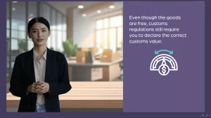 AI-generated avatar delivering customs compliance training with icon on declaring value of free-of-charge goods.