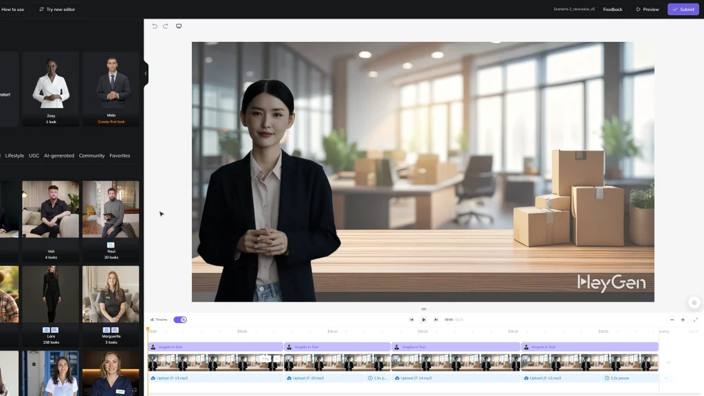 HeyGen interface used to build microlearning compliance video with realistic avatar and packaging visuals.