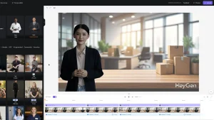 HeyGen interface used to build microlearning compliance video with realistic avatar and packaging visuals.