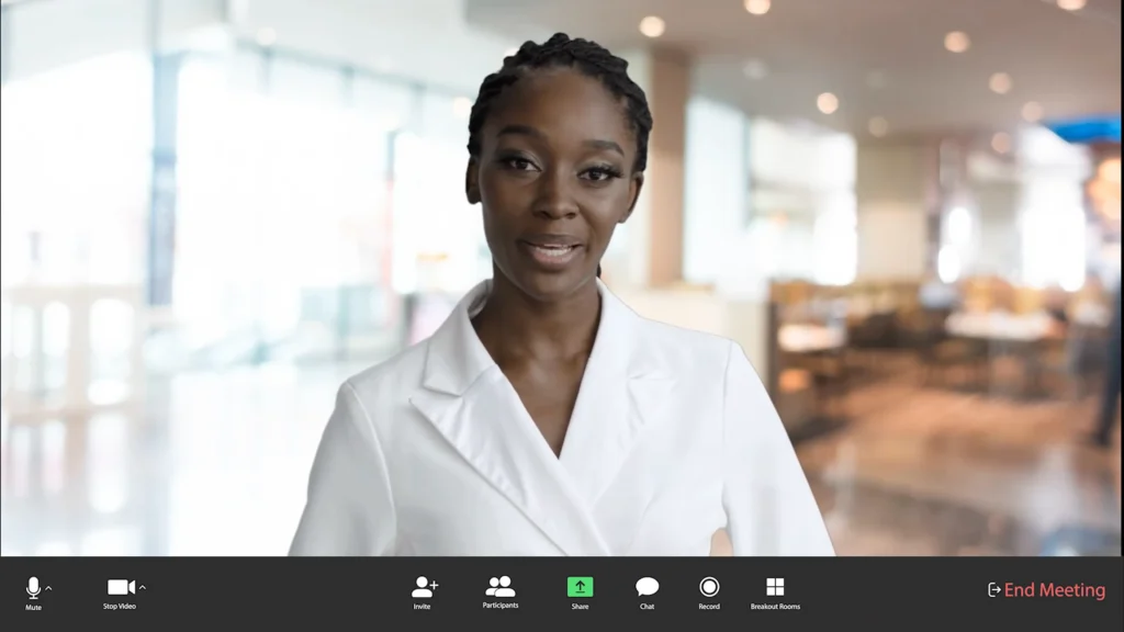 AI avatar speaking in a simulated Zoom call for a customs compliance microlesson about free-of-charge goods.
