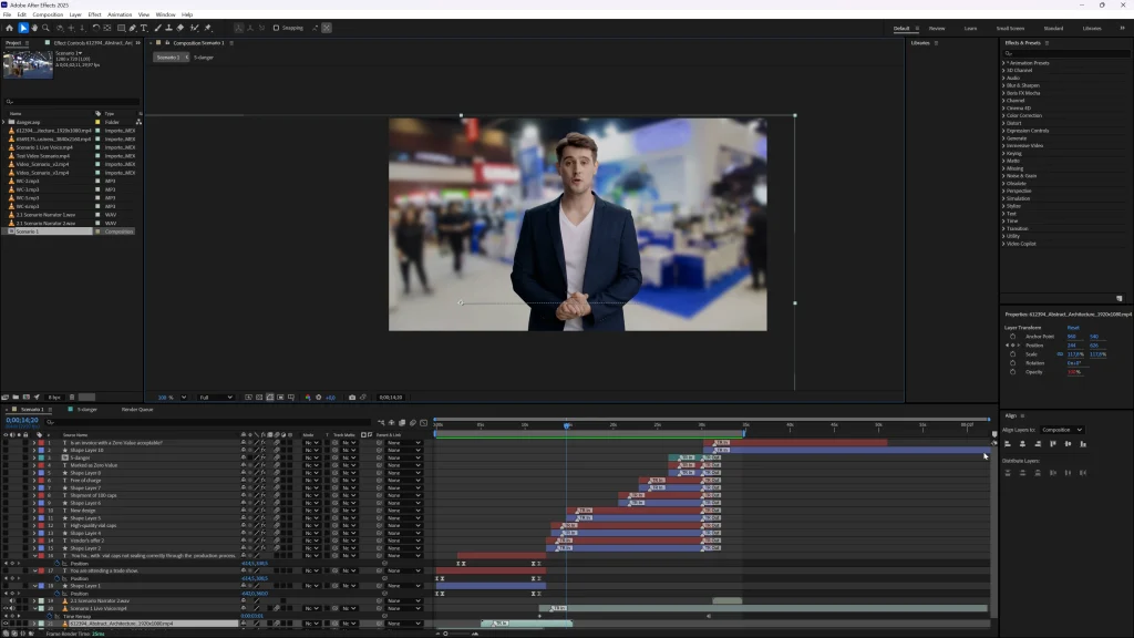 Adobe After Effects timeline editing an AI-based training video for customs value declaration microlesson.