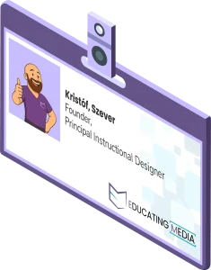 An isometric business card for Kristóf Szever, Founder and Principal Instructional Designer of Educating Media, featuring his brand avatar and representing a Founder-led eLearning studio committed to scalable eLearning solutions.