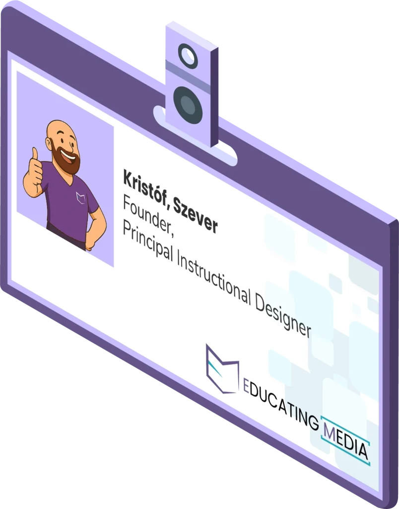 An isometric business card for Kristóf Szever, Founder and Principal Instructional Designer of Educating Media, featuring his brand avatar and representing a Founder-led eLearning studio committed to scalable eLearning solutions.