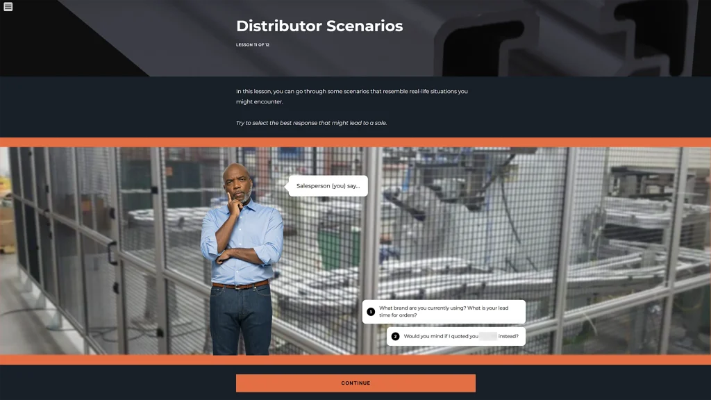 A screenshot of an interactive training module titled "Distributor Scenarios", featuring a man in a factory setting with multiple-choice options for a sales role-play. This exemplifies a scenario-based training module as part of custom eLearning development services.