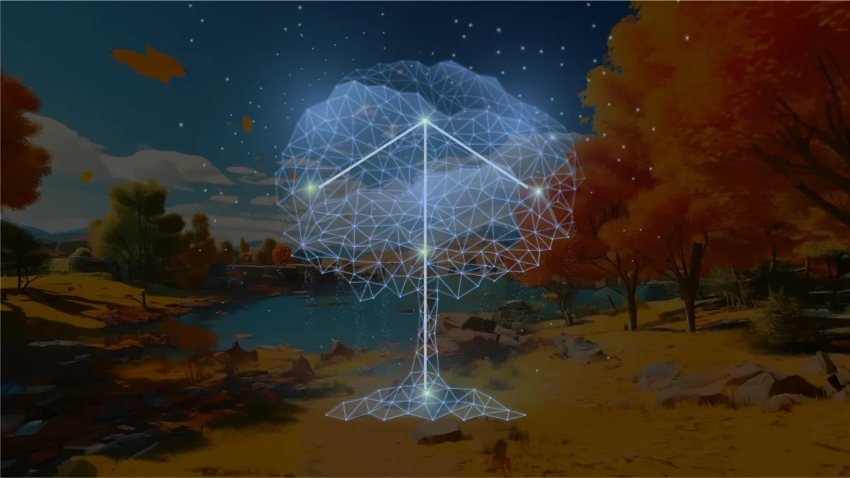 Digital wireframe tree glowing over autumn landscape with lake and orange-leaved trees