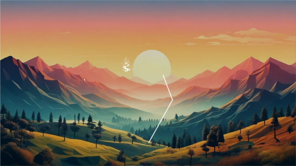 Minimalist sunrise over polygon-style mountains with floating arrow symbol