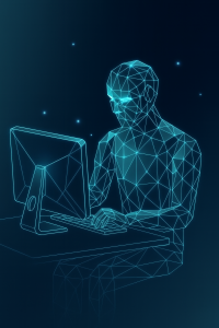 AI for Learning and Development illustration of a digital figure at a computer, symbolizing custom L&D assistant trained on company policies and training materials.