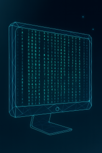 AI for Learning and Development illustration of a monitor with flowing code, representing prompt engineering for L&D and reusable AI training templates.