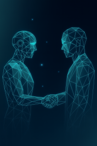 AI for Learning and Development illustration of human and AI figure shaking hands, representing compliance, trust, and human review in AI for corporate training.