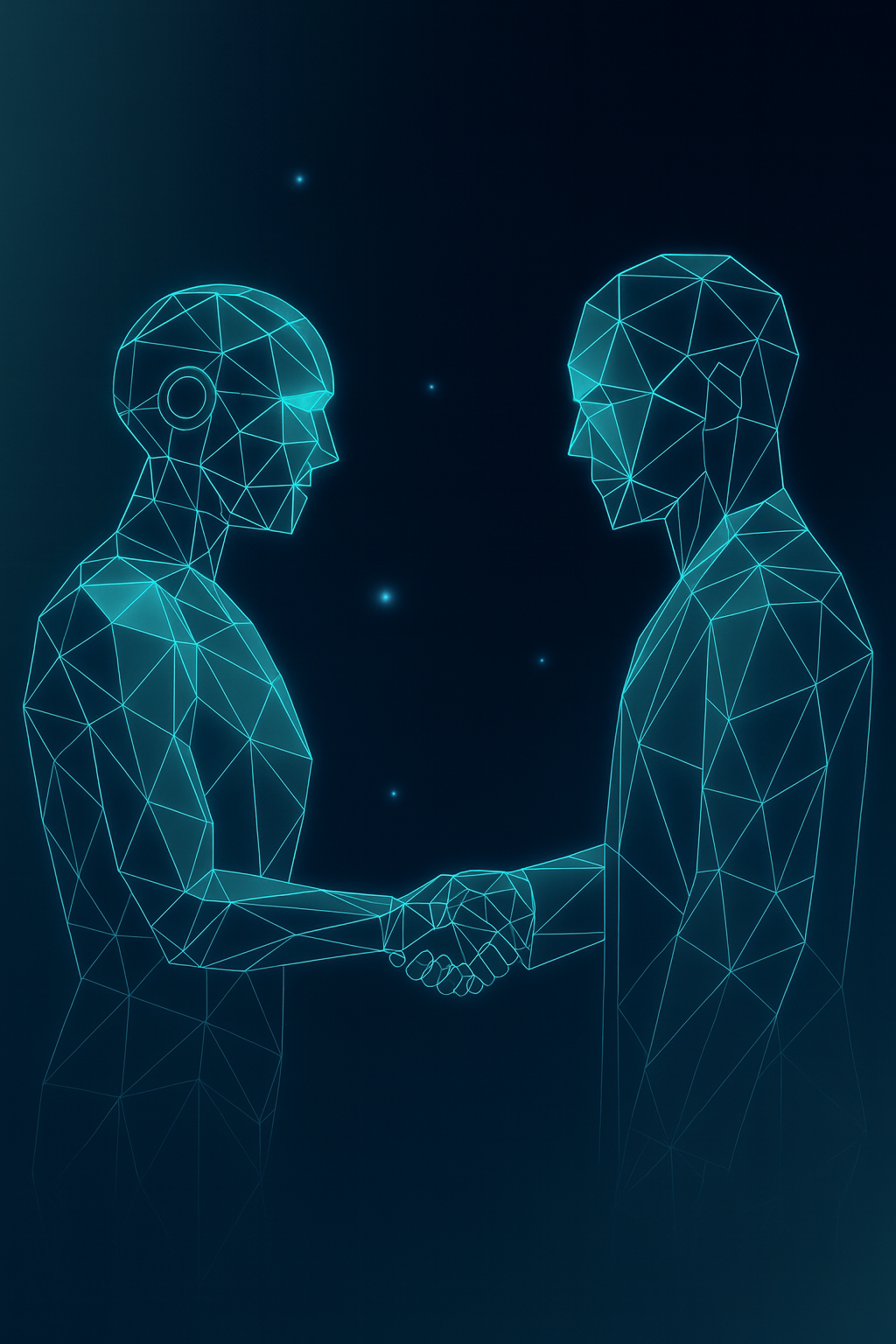 AI for Learning and Development illustration of human and AI figure shaking hands, representing compliance, trust, and human review in AI for corporate training.