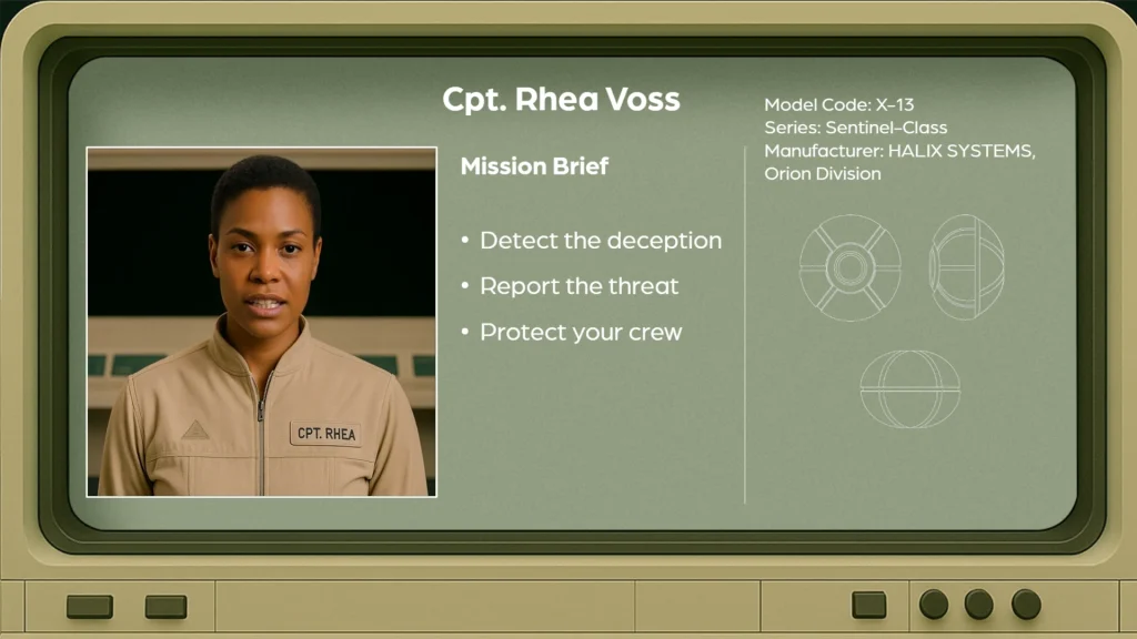 AI-generated training screen styled as a mission briefing, showing a presenter in uniform alongside text instructions and schematic visuals.