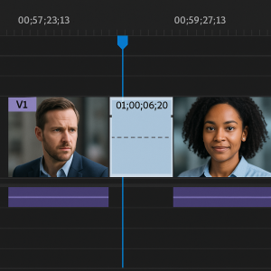 Video editing timeline with a missing clip gap between two interview shots, symbolizing production delays.