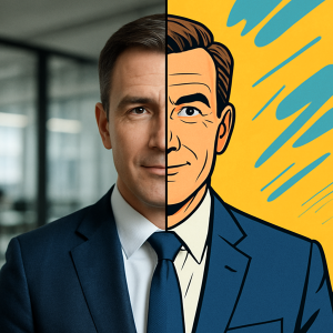 Split image of businessman shown half in photorealistic style, half in comic style, illustrating inconsistent visuals.