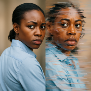 Portrait of woman with half her face realistic and the other half distorted with digital artifacts, showing flawed AI output.